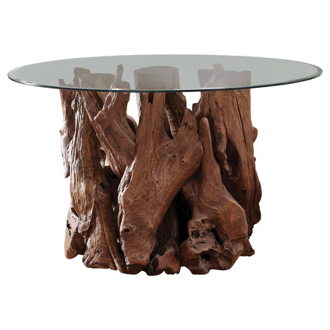 Colmar Round 60-inch Glass Top Dining Table Teak BrownNatural Light Brown
