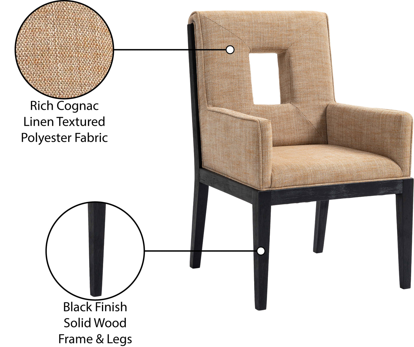 madrid cognac linen textured fabric dining arm chair