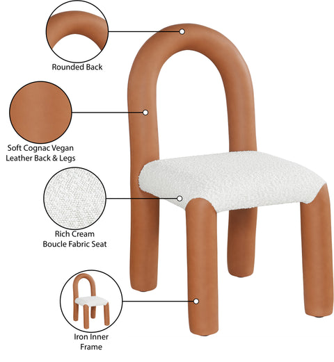 Quinn Cognac Vegan Leather And Boucle Fabric Upholstered Dining Chair, 2-Piece