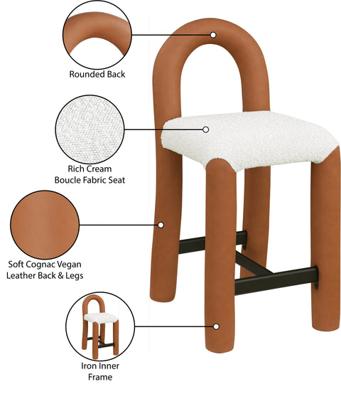 Quinn Cognac Vegan Leather And Boucle Fabric Upholstered Counter Stool, 1 Piece