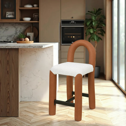 Quinn Cognac Vegan Leather And Boucle Fabric Upholstered Counter Stool, 1 Piece