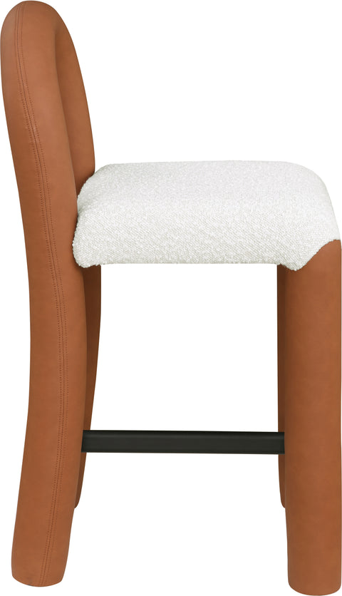 Quinn Cognac Vegan Leather And Boucle Fabric Upholstered Counter Stool, 1 Piece