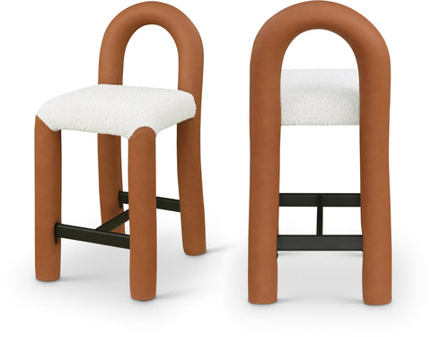 Quinn Cognac Vegan Leather And Boucle Fabric Upholstered Counter Stool, 1 Piece