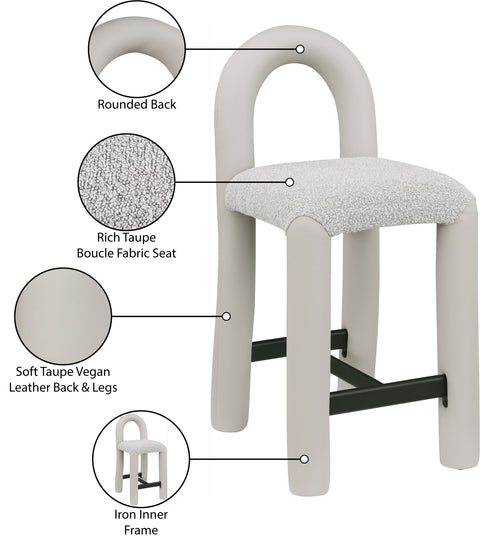 Quinn Taupe Vegan Leather And Boucle Fabric Upholstered Counter Stool, 1 Piece
