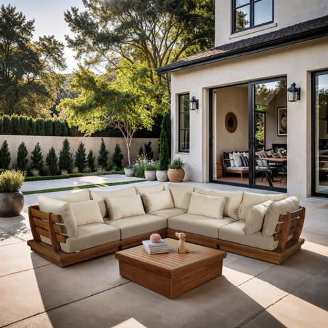 Zadie Tan 113 Water Resistant Fabric Upholstered Outdoor Patio Modular Sectional, 5-Piece