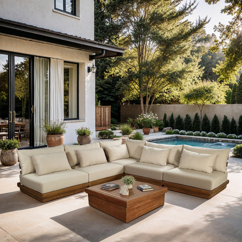 Zadie Tan 112 Water Resistant Fabric Upholstered Outdoor Patio Modular Sectional, 5-Piece