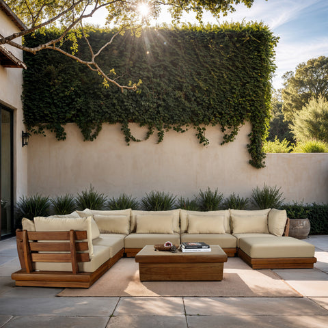 Isolde 150" Tan Water Resistant Fabric Upholstered Outdoor Patio Sectional, 7-Piece