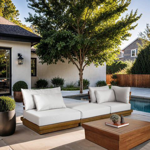 Zadie White 112 Off-White Water Resistant Fabric Upholstered Outdoor Patio Modular Sofa, 3-Piece