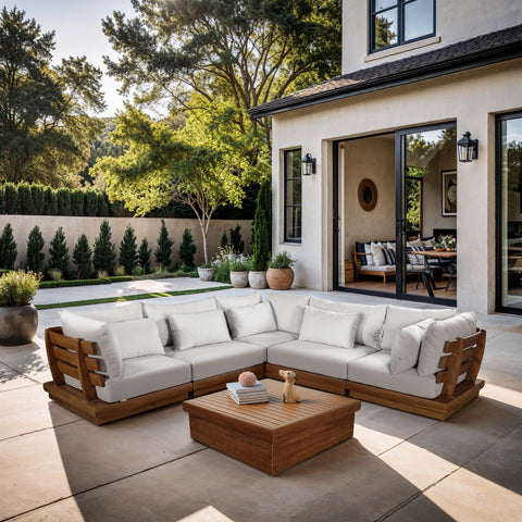 Zadie White 113 Off-White Water Resistant Fabric Upholstered Outdoor Patio Modular Sectional, 5-Piece