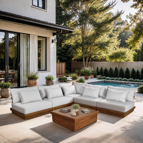 Zadie White 112 Off-White Water Resistant Fabric Upholstered Outdoor Patio Modular Sectional, 5-Piece