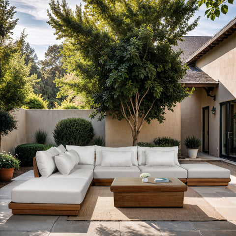 Isolde 149" Off-White Water Resistant Fabric Upholstered Outdoor Patio Sectional, 6-Piece
