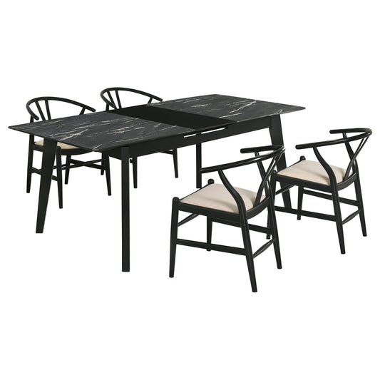 Anzio 5-piece Extension Leaf Dining Table Set BlackBlack Faux Marble