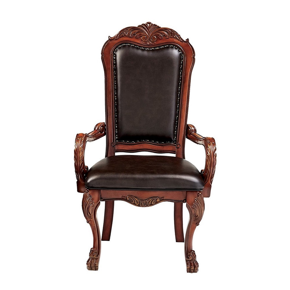 aditya arm chair (set-2), brown synthetic leather & cherry oak finish