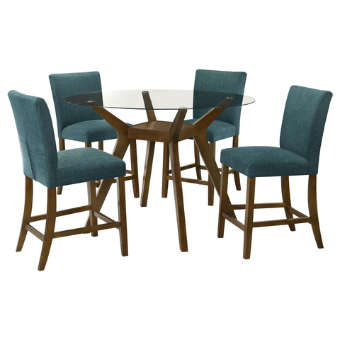 Hudson 5-piece Round Glass Top Counter Height Dining Set Teal Blue