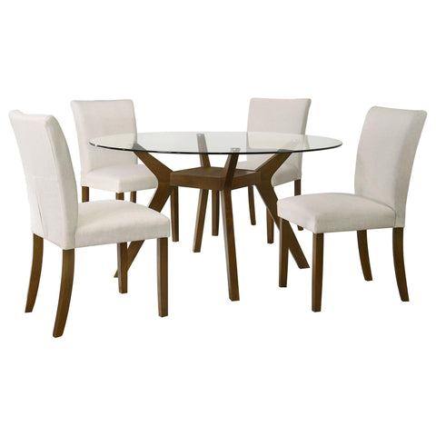 Hudson 5-Piece Round Glass Top Dining Set with Beige Parsons Chairs