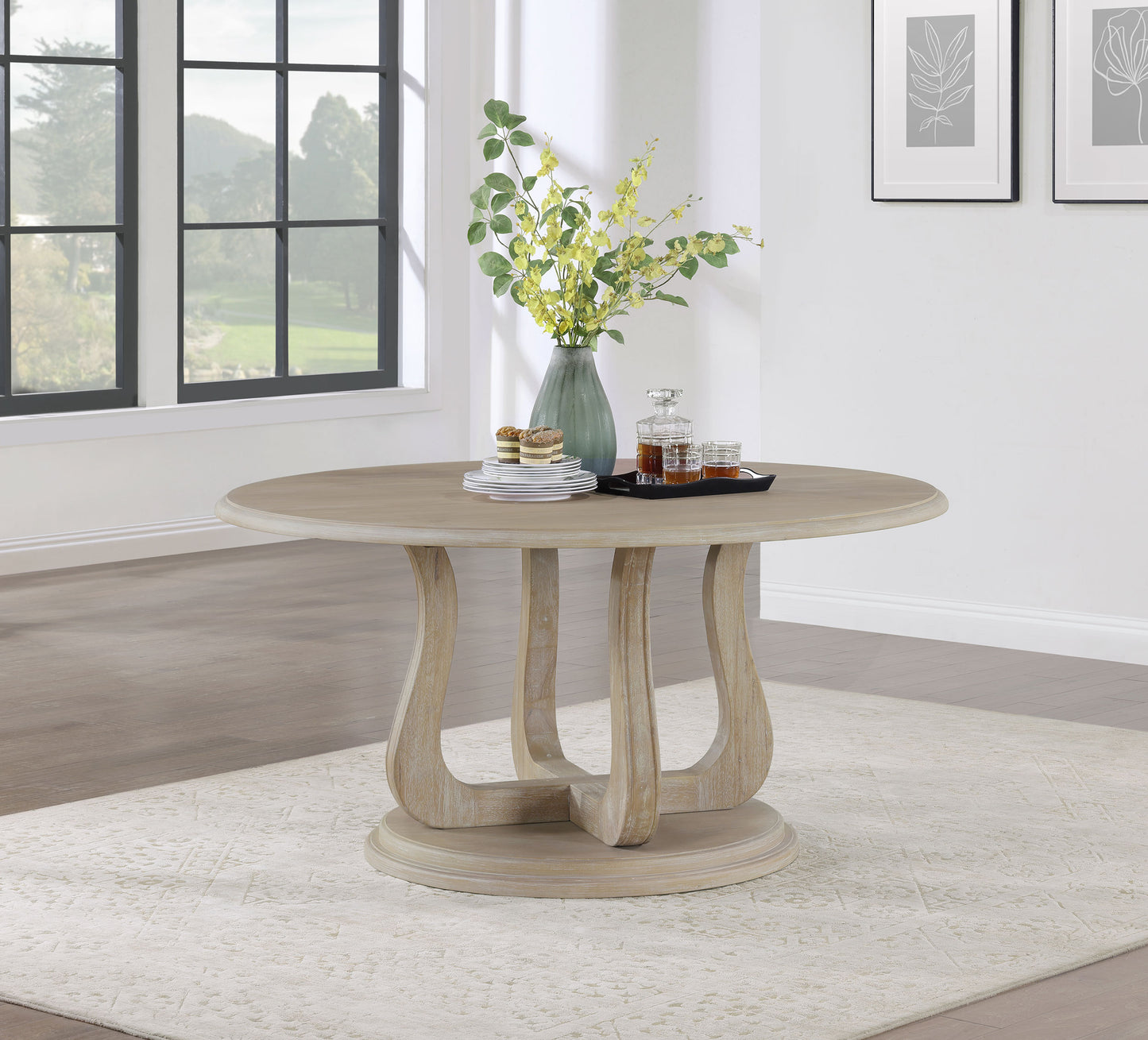 kenyon round 60-inch pedestal dining table white washed