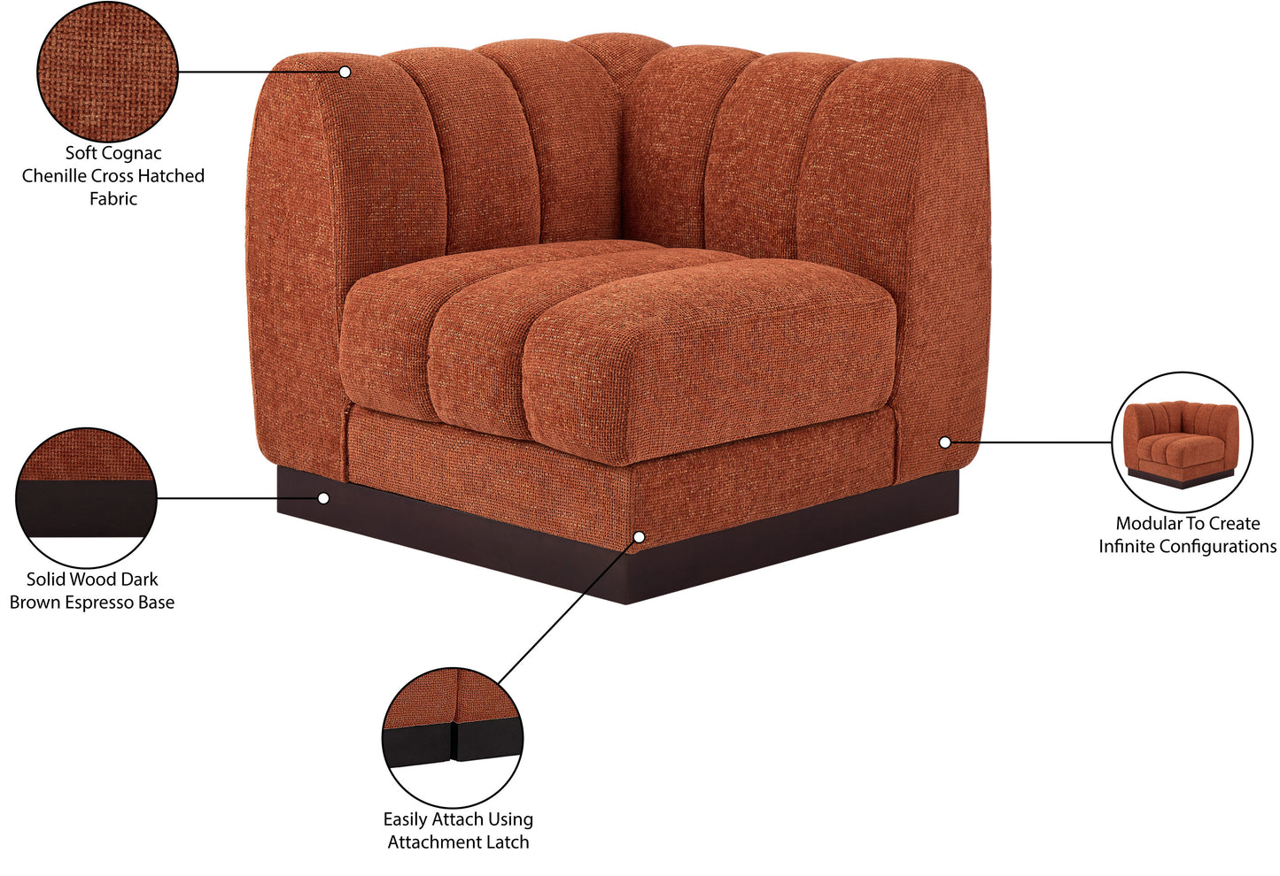 porter cognac chenille fabric corner chair corner