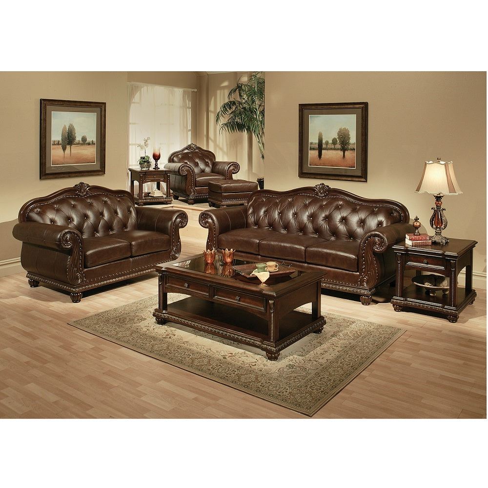 adelrik loveseat, espresso top grain leather match & cherry finish