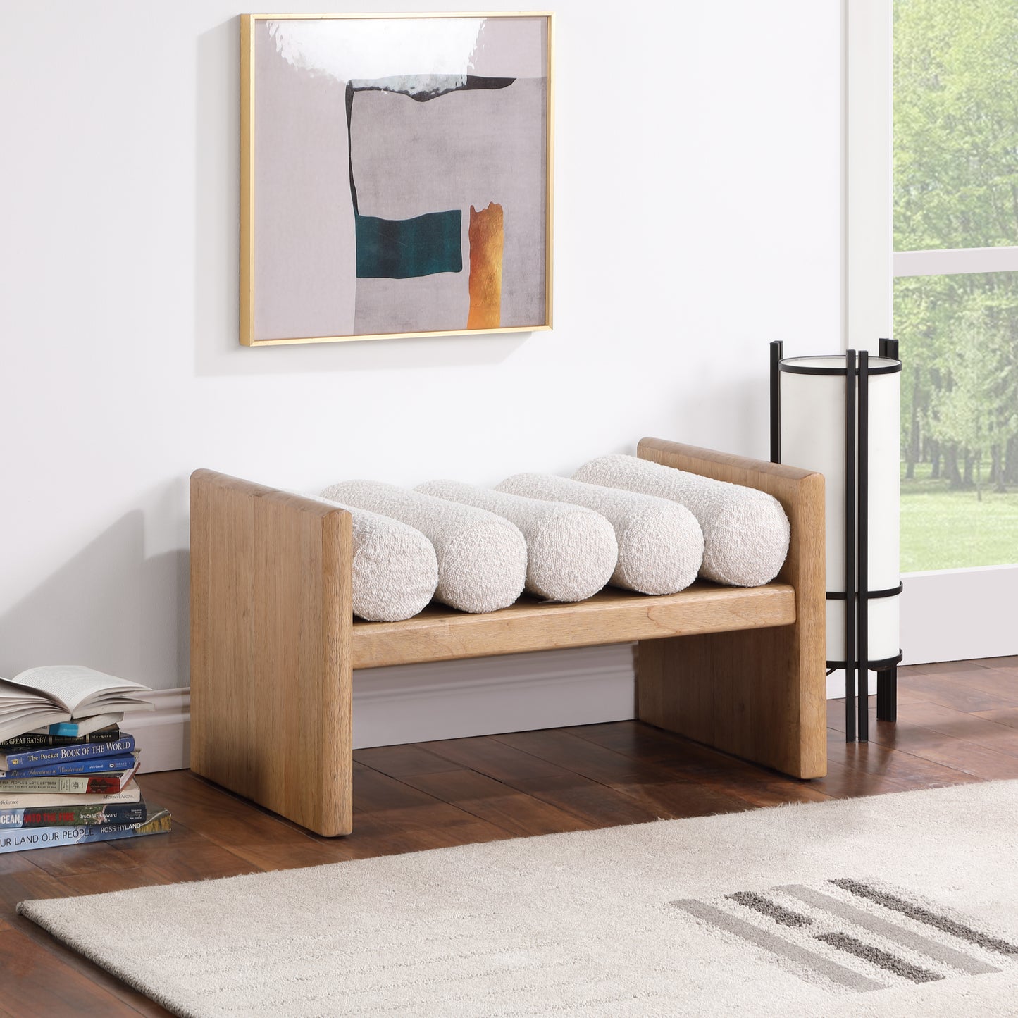 adam cream boucle fabric bench