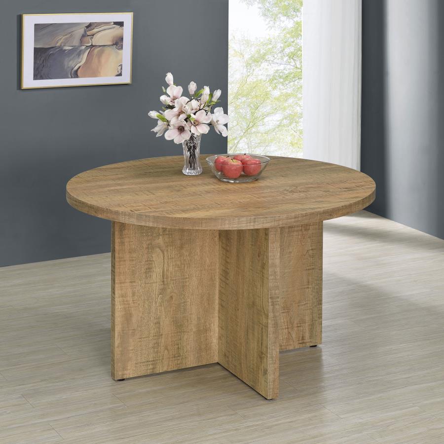 tatum round engineered wood dining table with decorative laminate mango brown