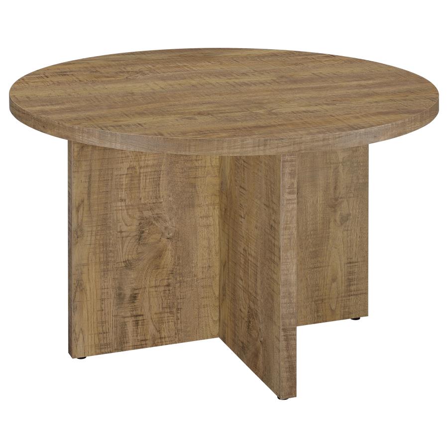 tatum round engineered wood dining table with decorative laminate mango brown