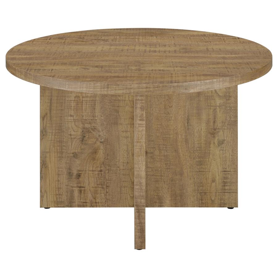 tatum round engineered wood dining table with decorative laminate mango brown