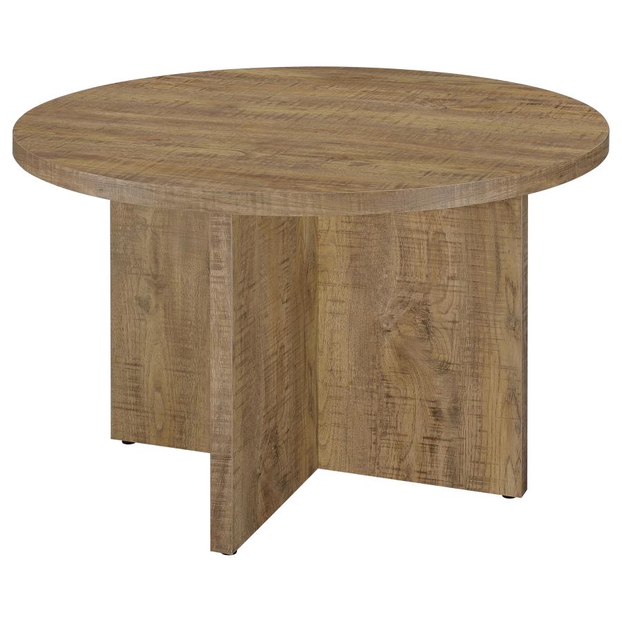 tatum round engineered wood dining table with decorative laminate mango brown