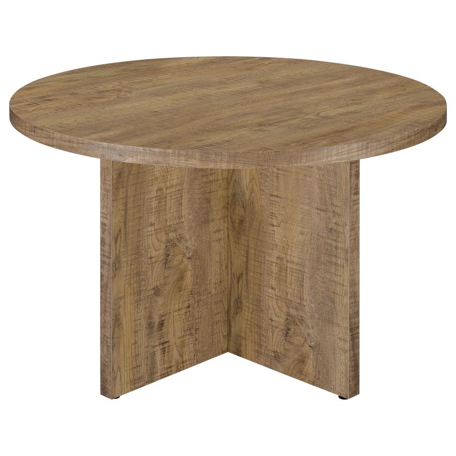 tatum round engineered wood dining table with decorative laminate mango brown