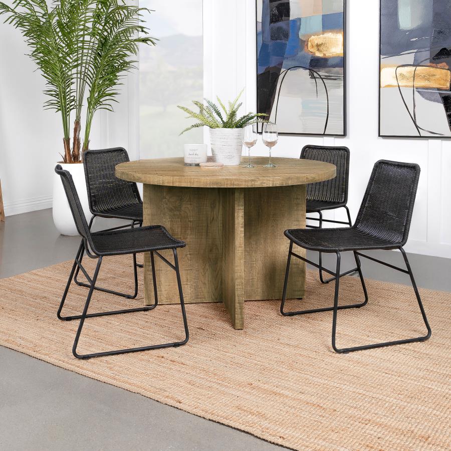 tatum round engineered wood dining table with decorative laminate mango brown