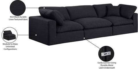 Farrah 119" Black Linen Textured Fabric Upholstered Sofa, 3-Piece