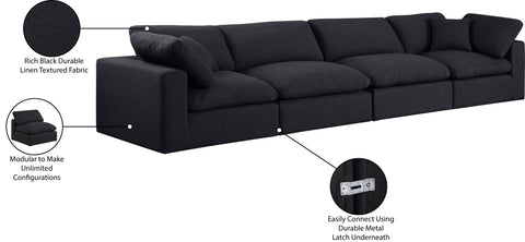 Farrah 158" Black Linen Textured Fabric Upholstered Sofa, 4-Piece