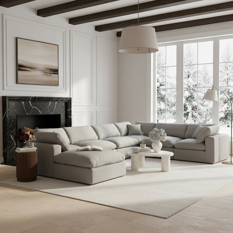 Farrah 158" Grey Linen Textured Fabric Upholstered Sectional, 7-Piece