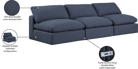 Farrah 117" Navy Linen Textured Fabric Upholstered Armless Sofa, 3-Piece