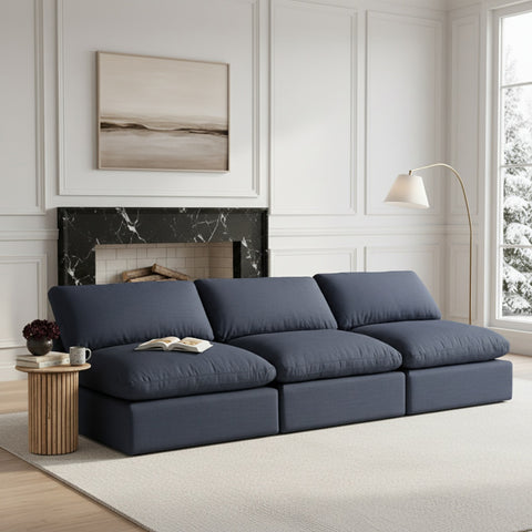 Farrah 156" Navy Linen Textured Fabric Upholstered Armless Sofa, 4-Piece