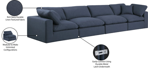 Farrah 158" Navy Linen Textured Fabric Upholstered Sofa, 4-Piece
