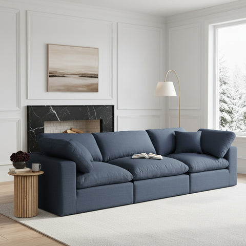 Farrah 158" Navy Linen Textured Fabric Upholstered Sofa, 4-Piece