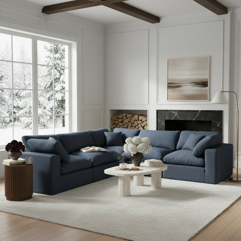 Farrah 119" Navy Linen Textured Fabric Upholstered Sectional, 5-Piece