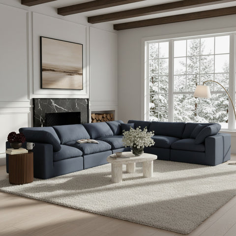 Farrah 158" Navy Linen Textured Fabric Upholstered Sectional, 6-Piece