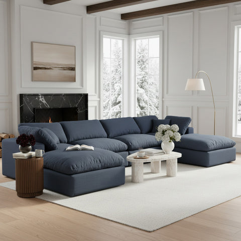 Farrah 158" Navy Linen Textured Fabric Upholstered Sectional, 6-Piece (Style 2)