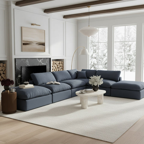 Farrah 157" Navy Linen Textured Fabric Upholstered Sectional, 6-Piece
