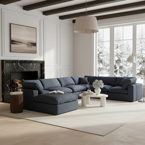 Farrah 158" Navy Linen Textured Fabric Upholstered Sectional, 7-Piece