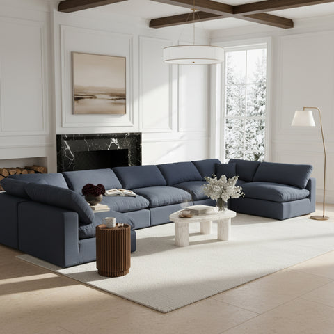 Farrah 197" Navy Linen Textured Fabric Upholstered Sectional, 7-Piece