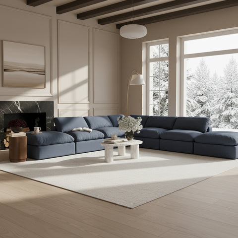 Farrah 157" Navy Linen Textured Fabric Upholstered Sectional, 7-Piece