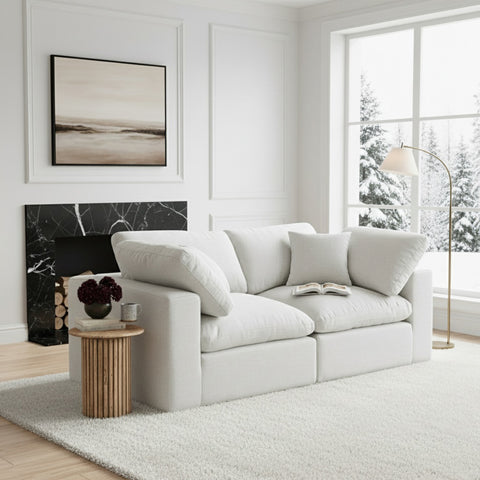 Farrah 119" White Linen Textured Fabric Upholstered Sofa, 3-Piece