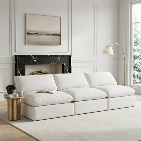 Farrah 156" White Linen Textured Fabric Upholstered Armless Sofa, 4-Piece
