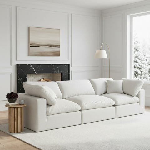 Farrah 158" White Linen Textured Fabric Upholstered Sofa, 4-Piece