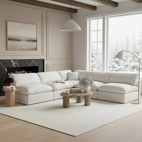 Farrah 118" White Linen Textured Fabric Upholstered Sectional, 5-Piece