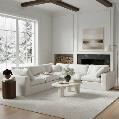 Farrah 119" White Linen Textured Fabric Upholstered Sectional, 5-Piece