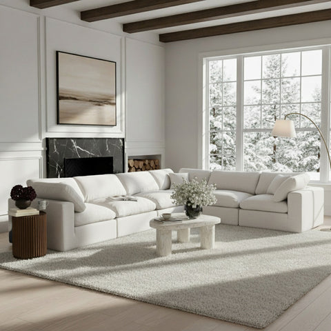 Farrah 158" White Linen Textured Fabric Upholstered Sectional, 6-Piece