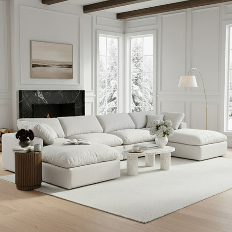 Farrah 158" White Linen Textured Fabric Upholstered Sectional, 6-Piece (Style 2)